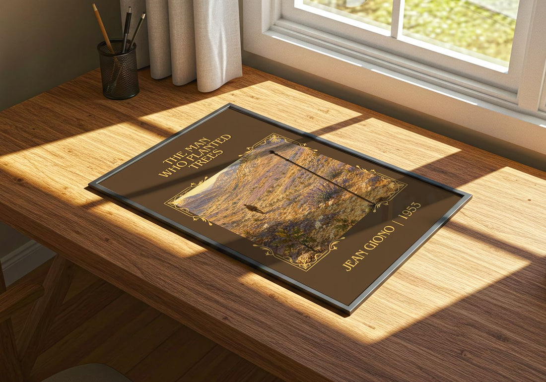 The Man Who Planted Trees Classic Book Art Print by Jean Giono – print on a sunlit desk