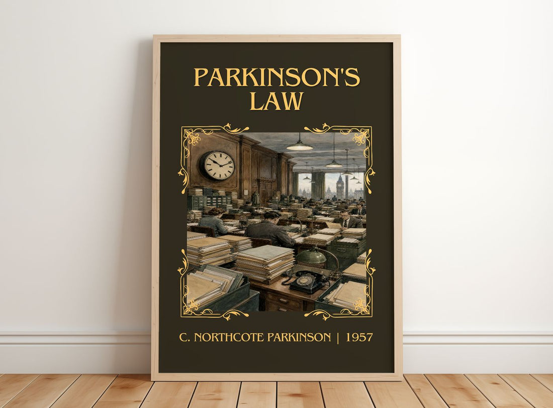 Parkinson's Law Classic Book Art Print by C. Northcote Parkinson – framed print leaning on a wooden floor