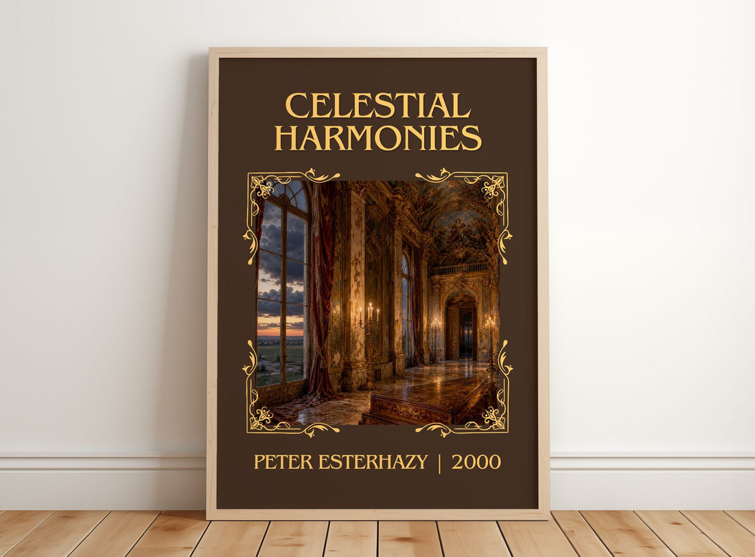 Celestial Harmonies Classic Book Art Print by Peter Esterhazy – framed print leaning on a wooden floor