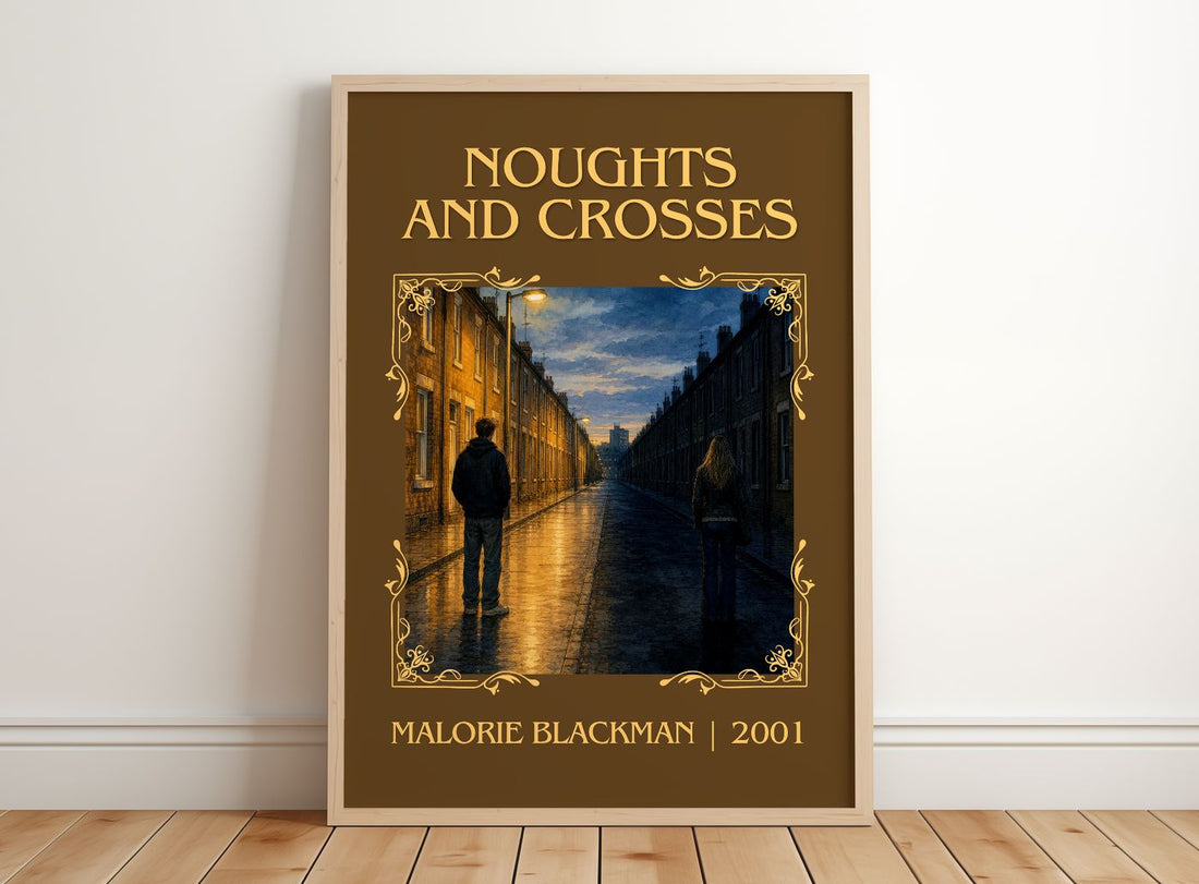 Noughts and Crosses Classic Book Art Print by Malorie Blackman – framed print leaning on a wooden floor