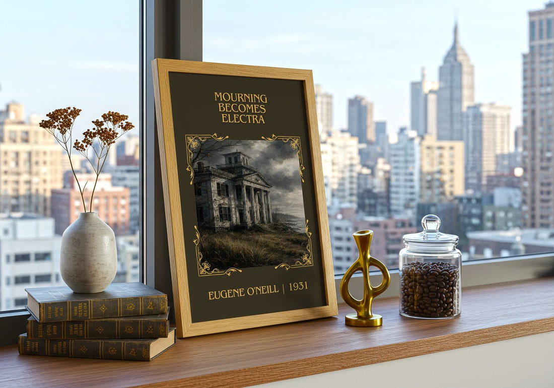 Mourning Becomes Electra Classic Book Art Print by Eugene O'Neill – framed print on a city-view windowsill
