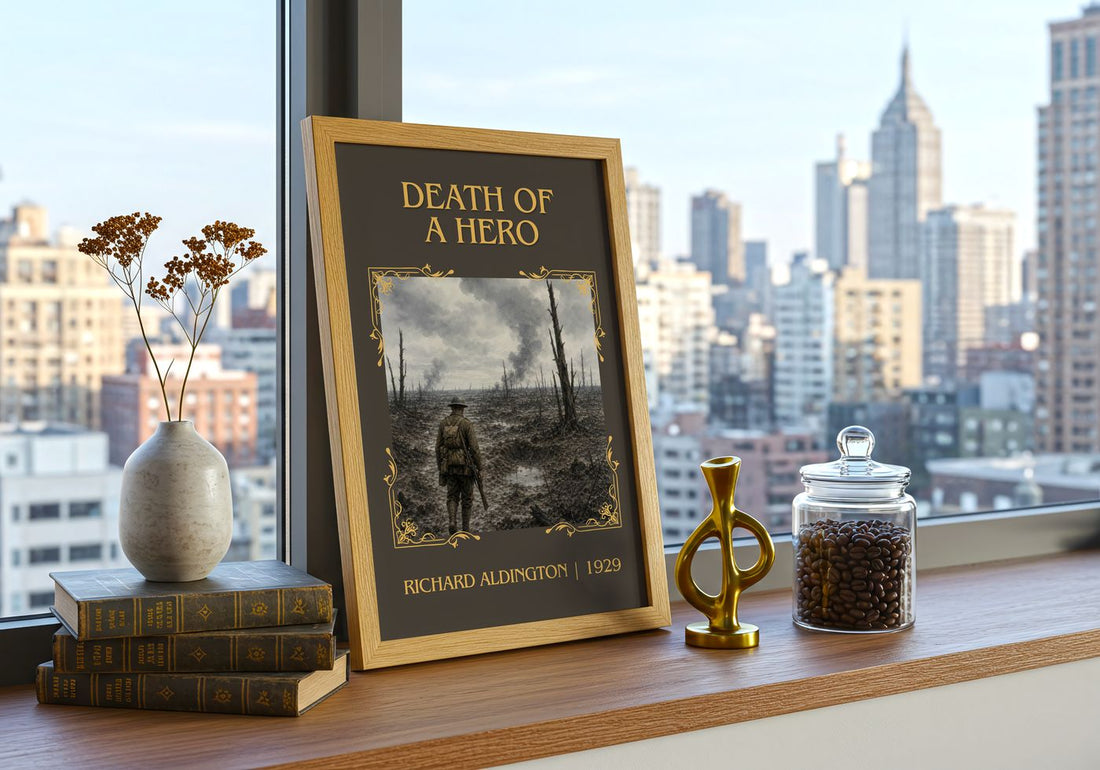 Death Of A Hero Classic Book Art Print by Richard Aldington – framed print on a city-view windowsill