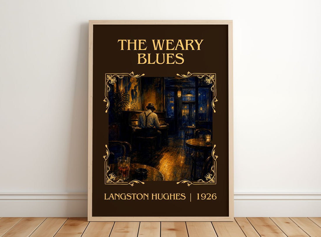 The Weary Blues Classic Book Art Print by Langston Hughes – framed print leaning on a wooden floor