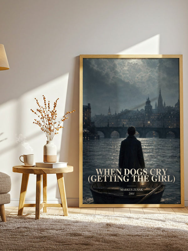 When Dogs Cry (Getting The Girl) watercolour print in frame leaning in hallway – young adult wall art