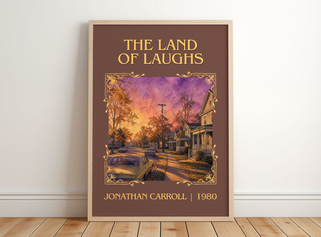 The Land Of Laughs Classic Book Art Print by Jonathan Carroll – framed print leaning on a wooden floor