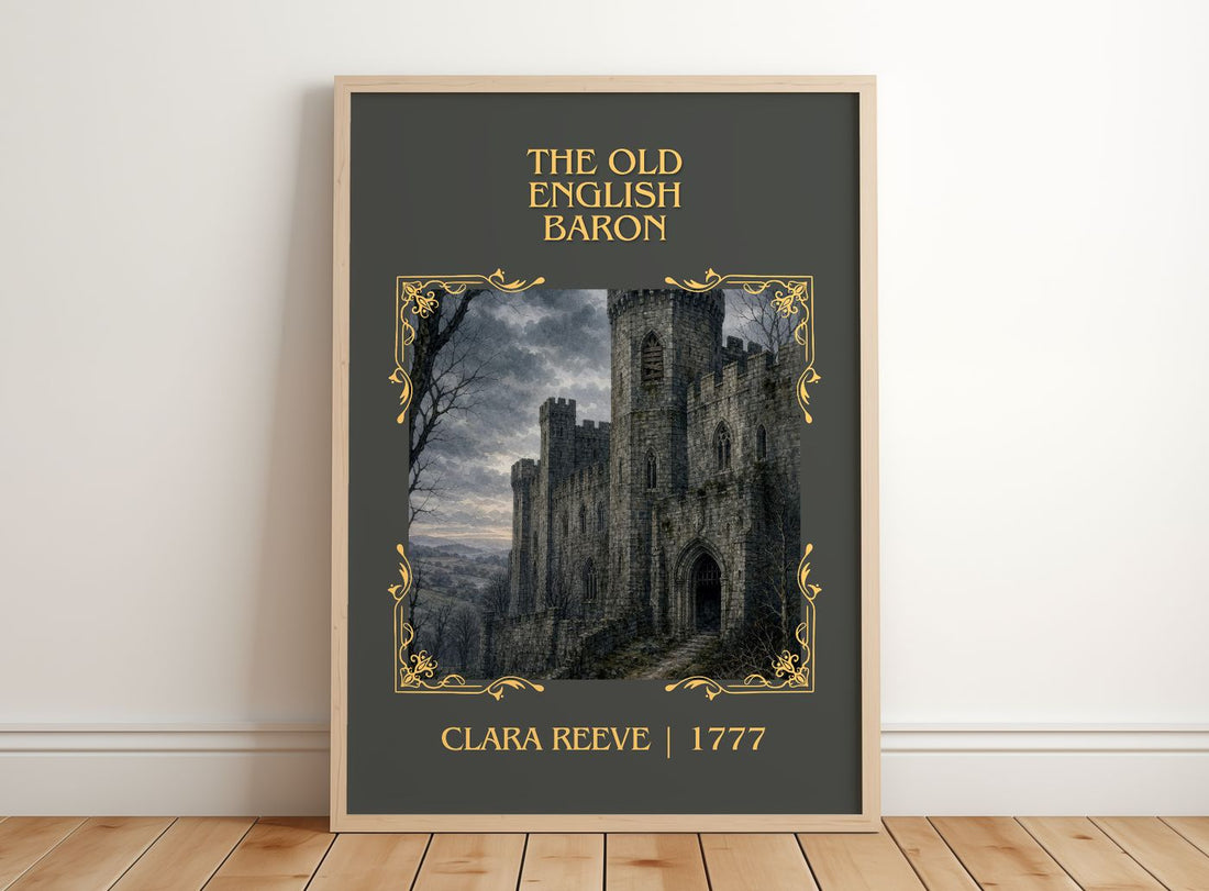 The Old English Baron Classic Book Art Print by Clara Reeve – framed print leaning on a wooden floor