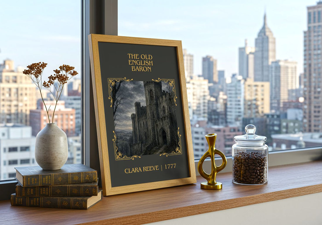 The Old English Baron Classic Book Art Print by Clara Reeve – framed print on a city-view windowsill