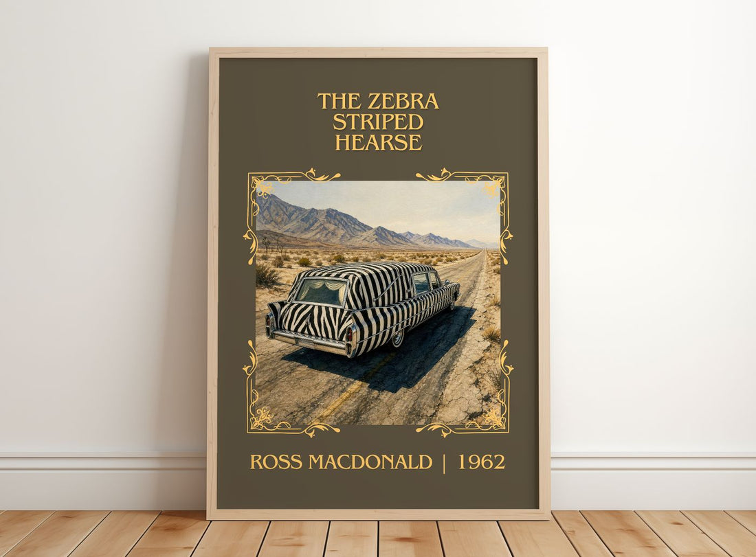 The Zebra Striped Hearse Classic Book Art Print by Ross Macdonald – framed print leaning on a wooden floor