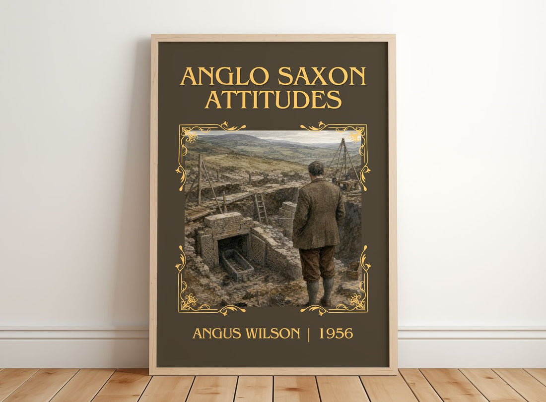 Anglo Saxon Attitudes Classic Book Art Print by Angus Wilson – framed print leaning on a wooden floor