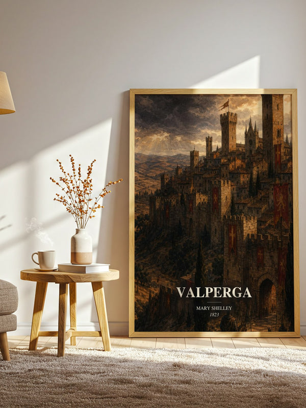 Valperga watercolour print in frame leaning in hallway – historical fiction wall art