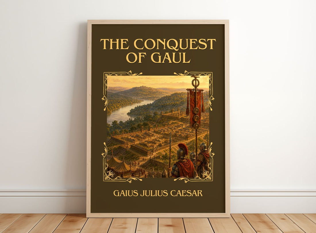 The Conquest Of Gaul Classic Book Art Print by Gaius Julius Caesar – framed print leaning on a wooden floor