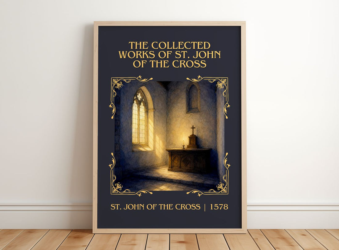 The Collected Works of St. John of the Cross Classic Book Art Print by St. John of the Cross – framed print leaning on a wooden floor