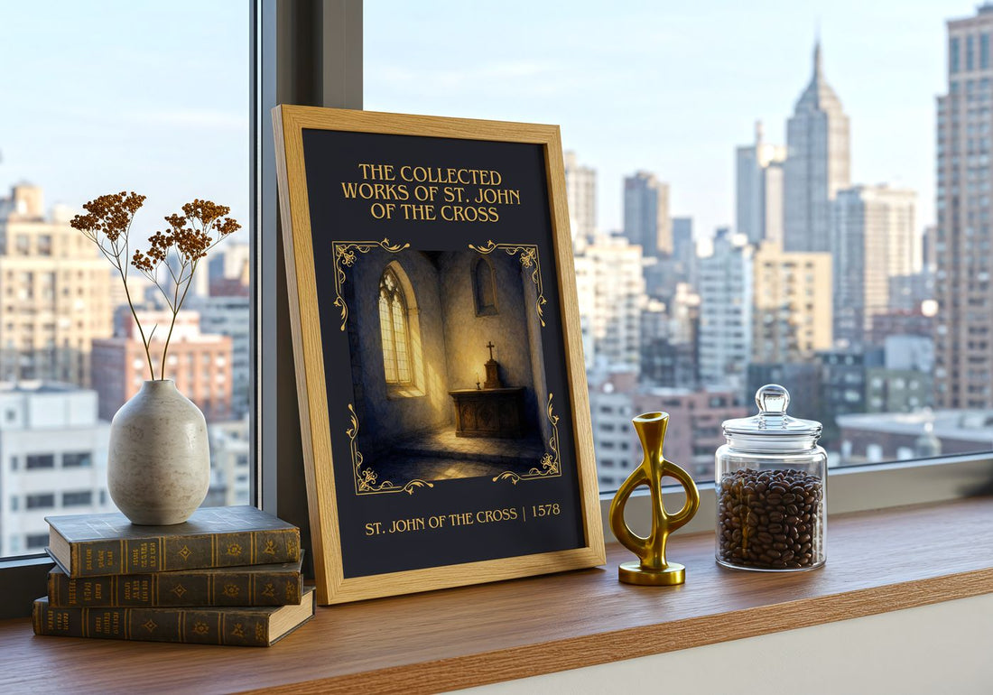 The Collected Works of St. John of the Cross Classic Book Art Print by St. John of the Cross – framed print on a city-view windowsill