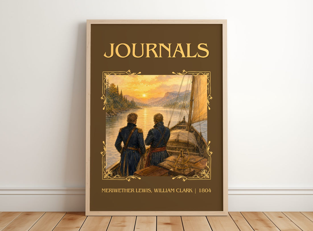 Journals Classic Book Art Print by Meriwether Lewis, William Clark – framed print leaning on a wooden floor