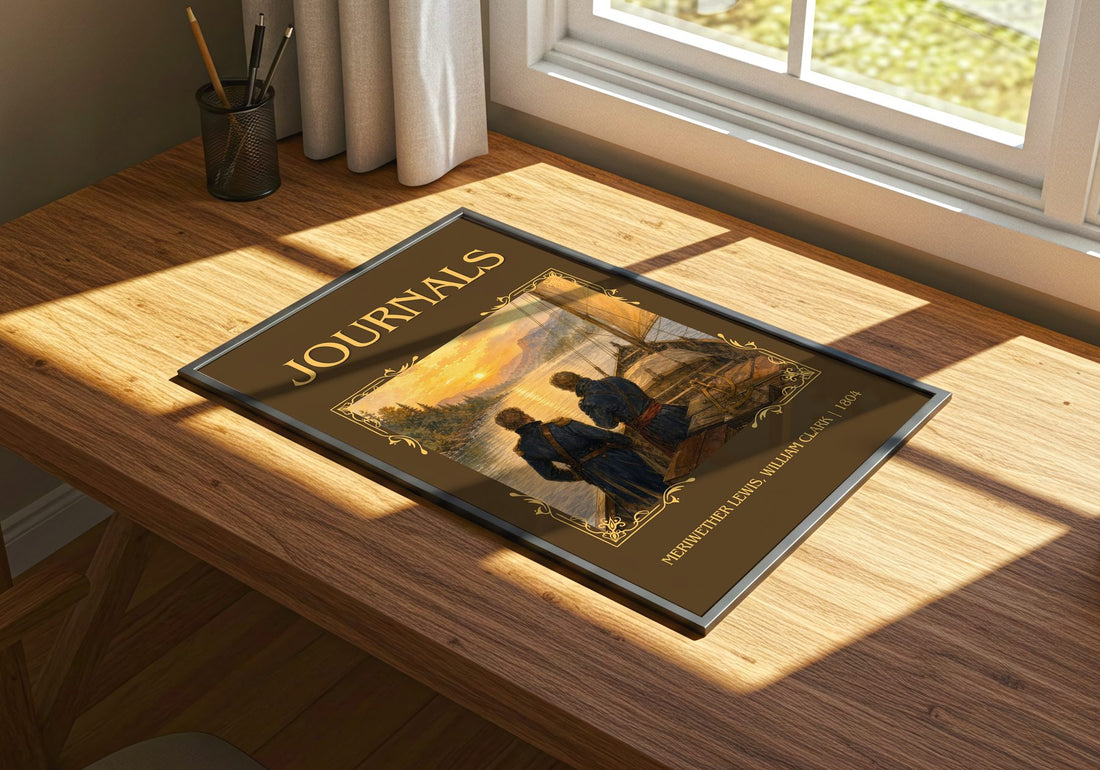 Journals Classic Book Art Print by Meriwether Lewis, William Clark – print on a sunlit desk