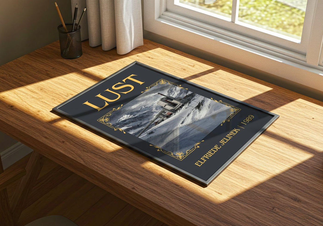 Lust Classic Book Art Print by Elfriede Jelinek – print on a sunlit desk