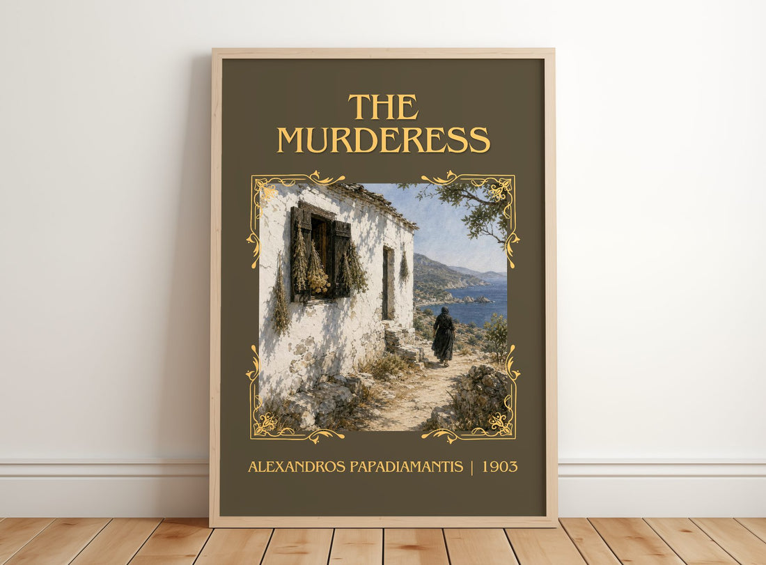 The Murderess Classic Book Art Print by Alexandros Papadiamantis – framed print leaning on a wooden floor