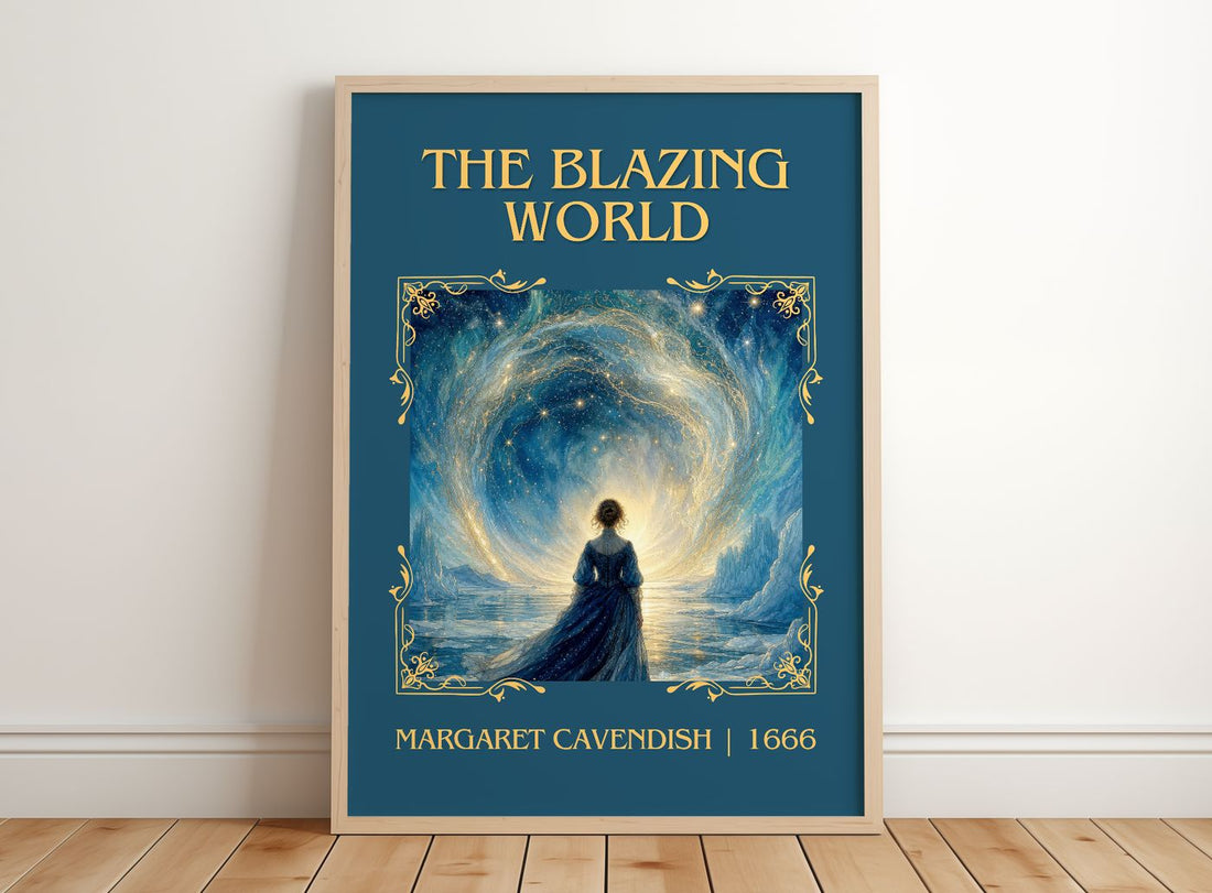 The Blazing World Classic Book Art Print by Margaret Cavendish – framed print leaning on a wooden floor