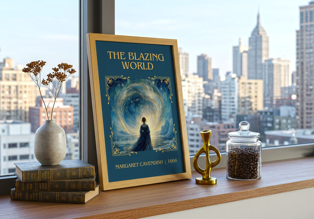 The Blazing World Classic Book Art Print by Margaret Cavendish – framed print on a city-view windowsill
