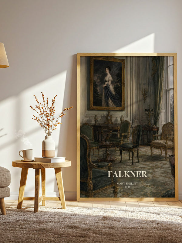 Falkner watercolour print in frame leaning in hallway – gothic wall art