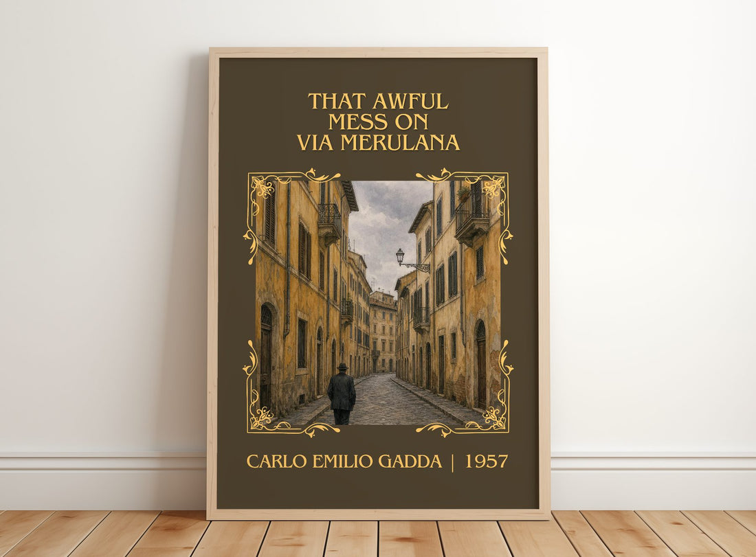 That Awful Mess On Via Merulana Classic Book Art Print by C. Gadda – framed print leaning on a wooden floor