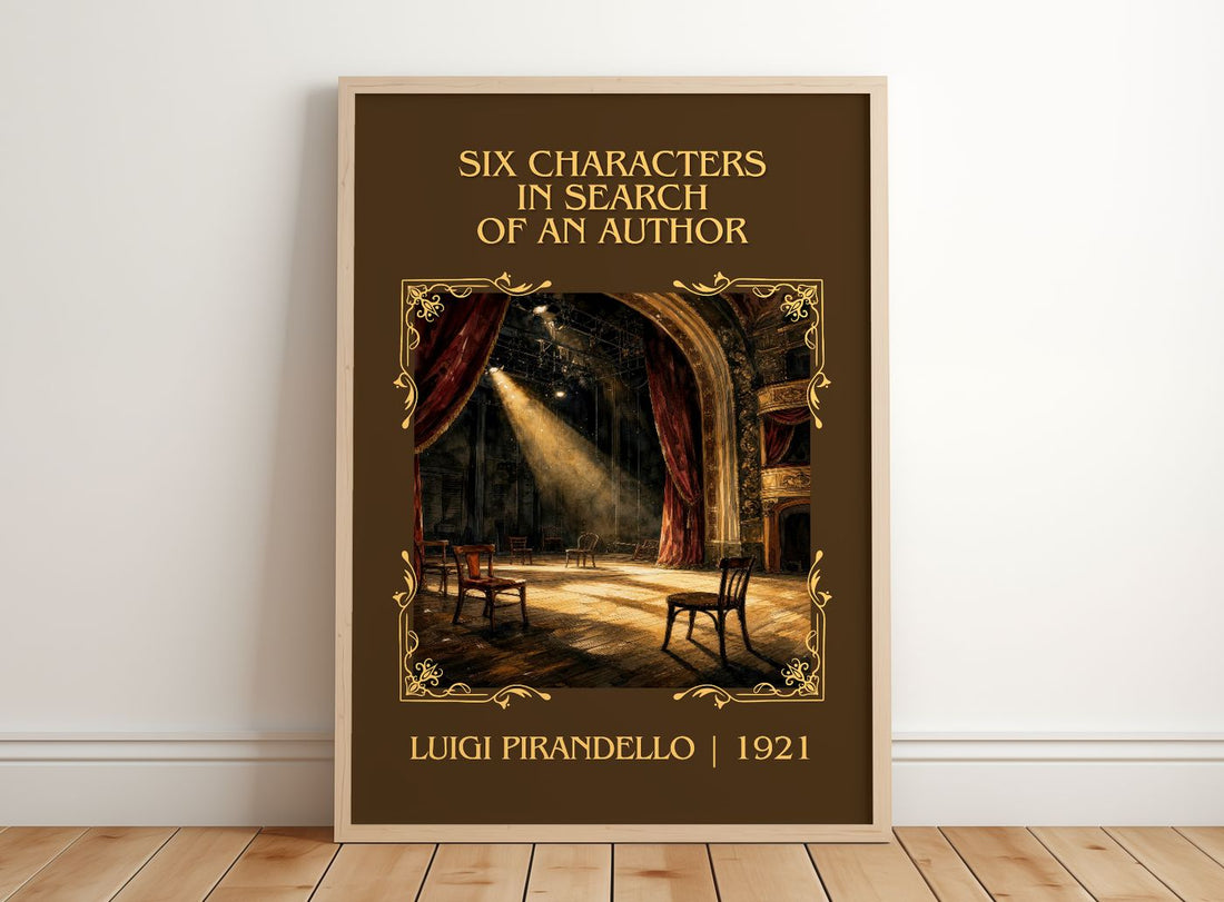 Six Characters in Search of an Author Classic Book Art Print by Luigi Pirandello – framed print leaning on a wooden floor