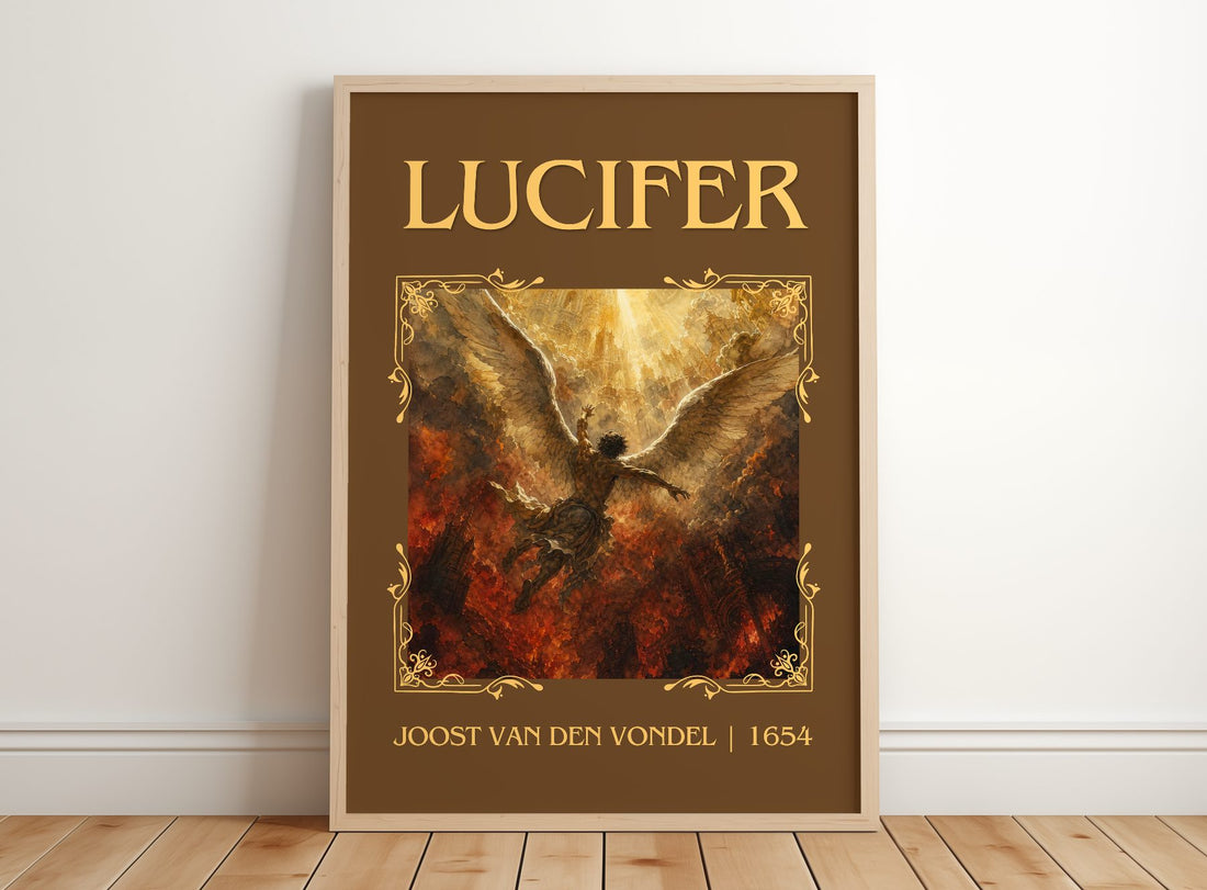 Lucifer Classic Book Art Print by Joost van den Vondel – framed print leaning on a wooden floor