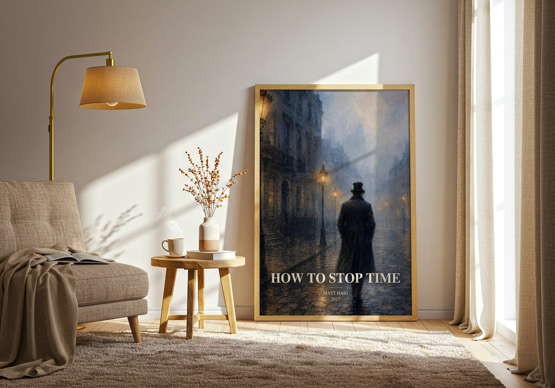 How To Stop Time watercolour print in frame leaning in hallway – fantasy wall art (mockup)