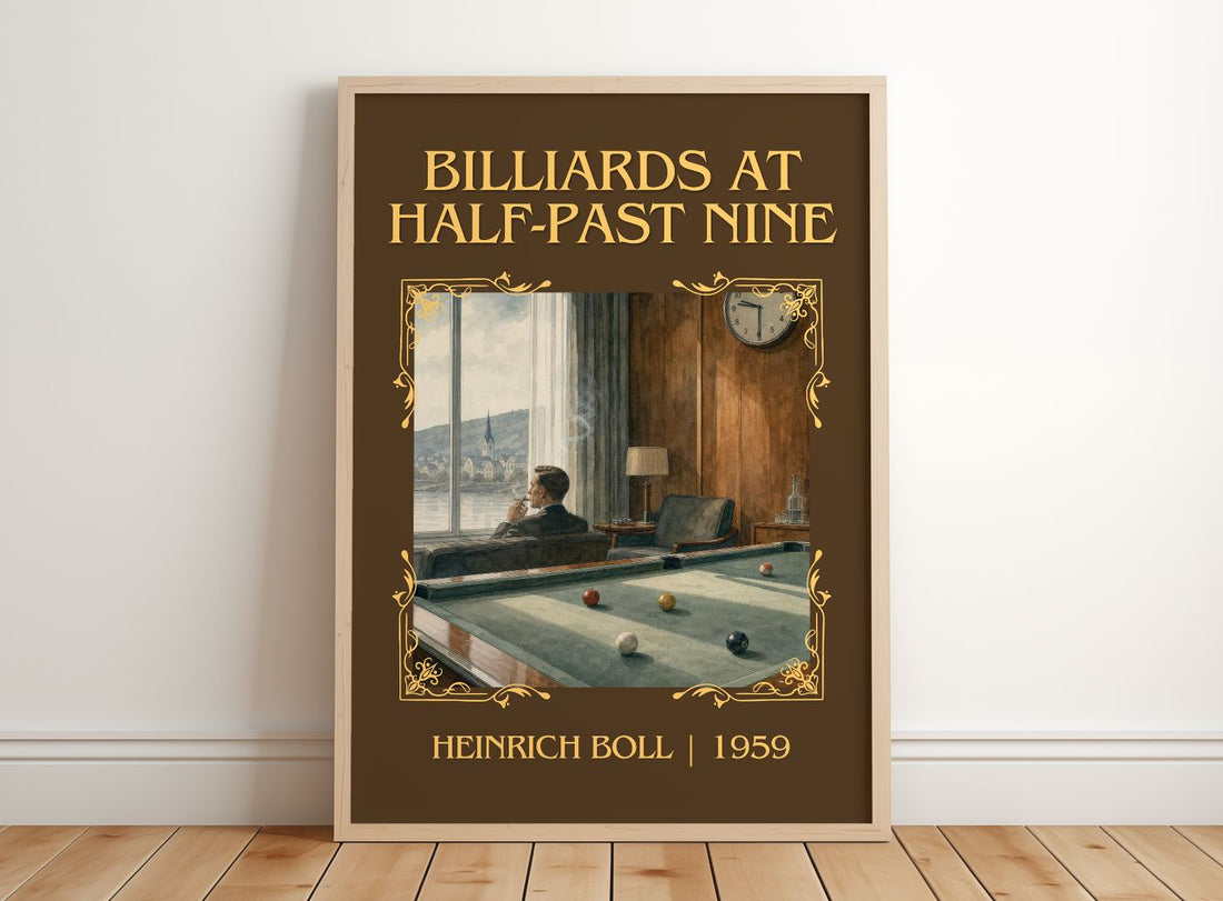 Billiards at Half-Past Nine Classic Book Art Print by Heinrich Böll – framed print leaning on a wooden floor