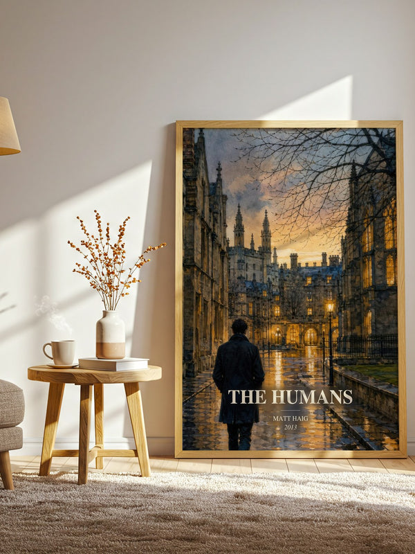 The Humans watercolour print in frame leaning in hallway – sci fi wall art