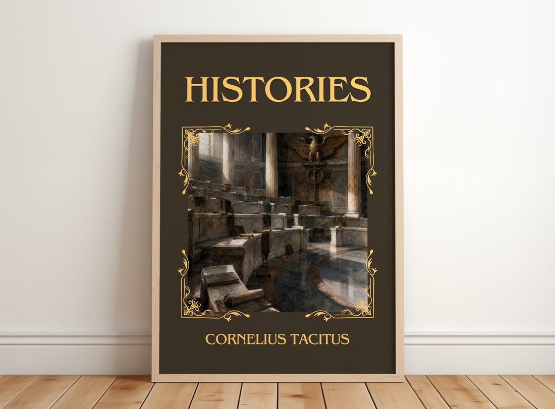 Histories Classic Book Art Print by Cornelius Tacitus – framed print leaning on a wooden floor