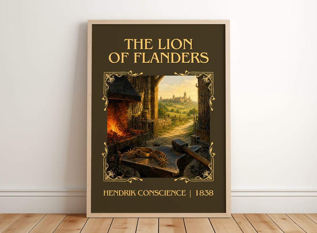 The Lion of Flanders Classic Book Art Print by Hendrik Conscience – framed print leaning on a wooden floor