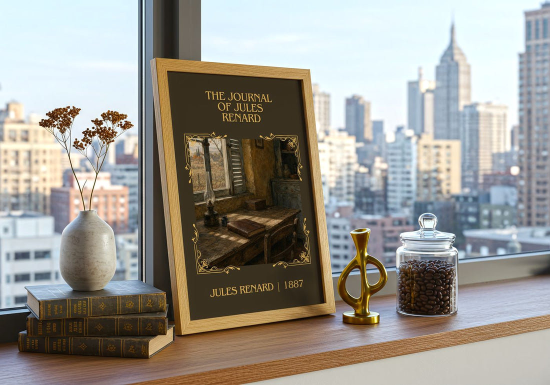 The Journal of Jules Renard Classic Book Art Print by Jules Renard – framed print on a city-view windowsill