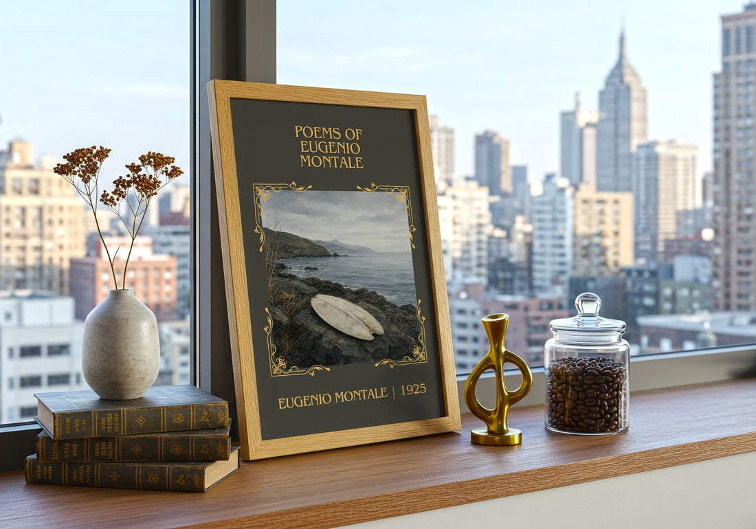 Poems of Eugenio Montale Classic Book Art Print by Eugenio Montale – framed print on a city-view windowsill