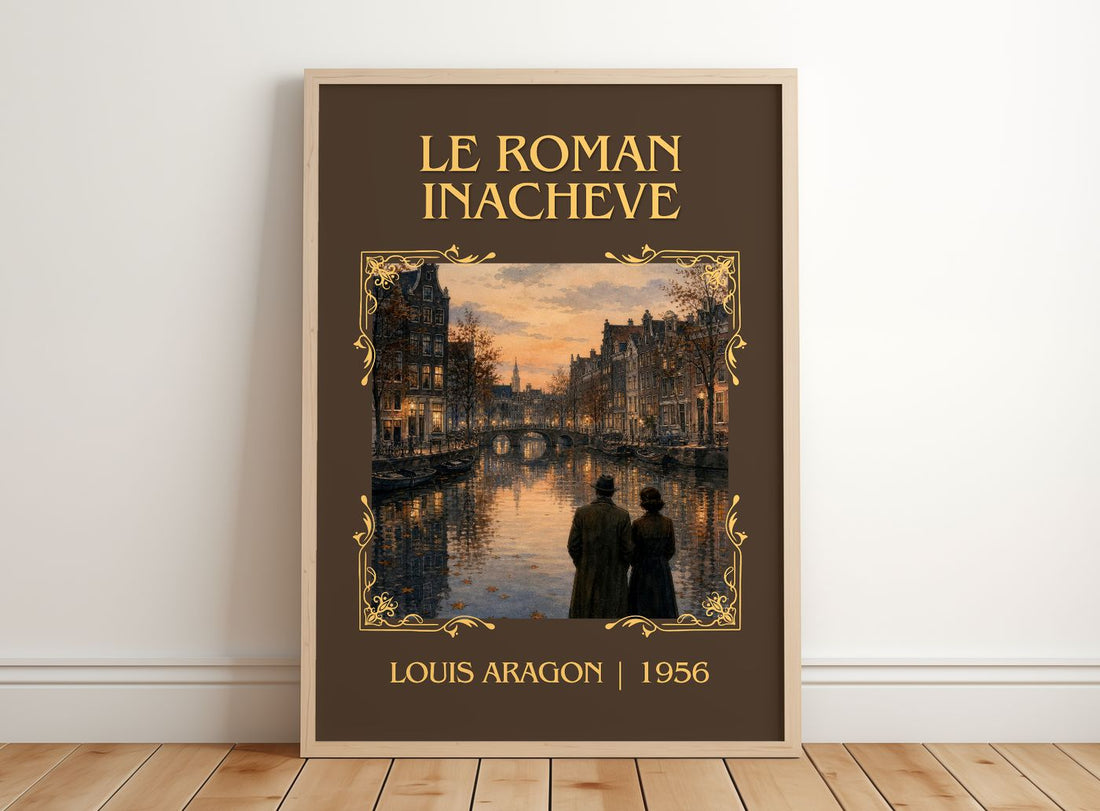 Le Roman Inachevé Classic Book Art Print by Louis Aragon – framed print leaning on a wooden floor