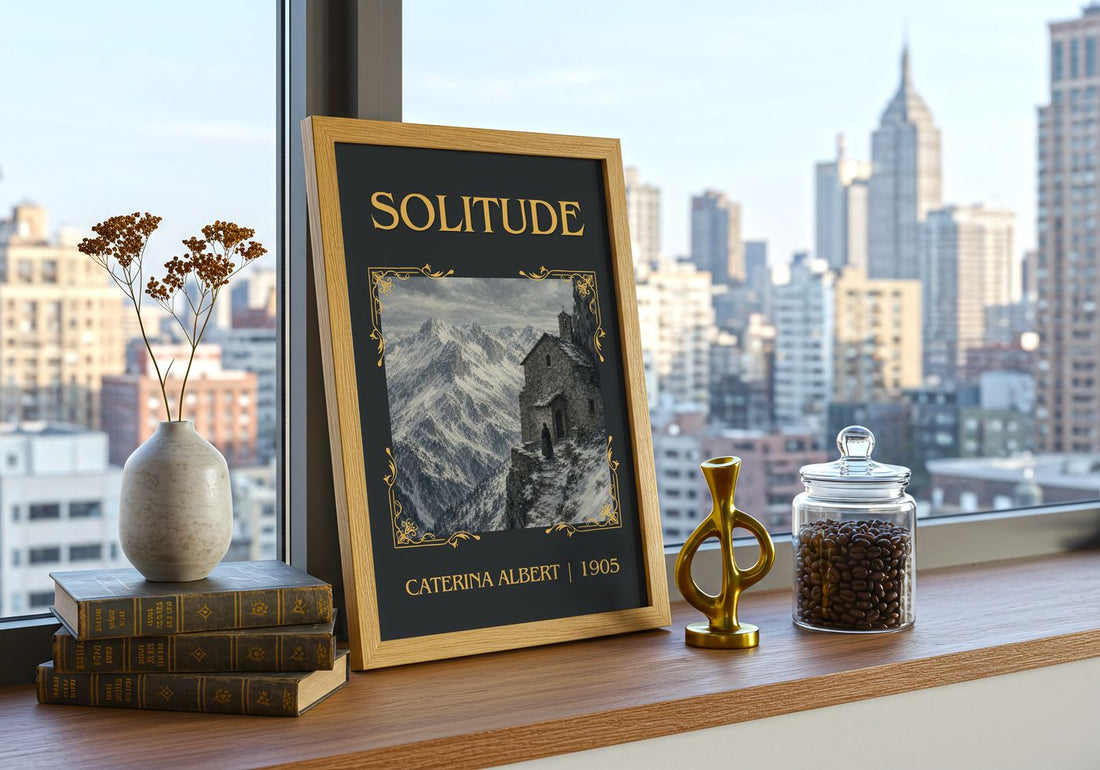 Solitude Classic Book Art Print by Caterina Albert – framed print on a city-view windowsill