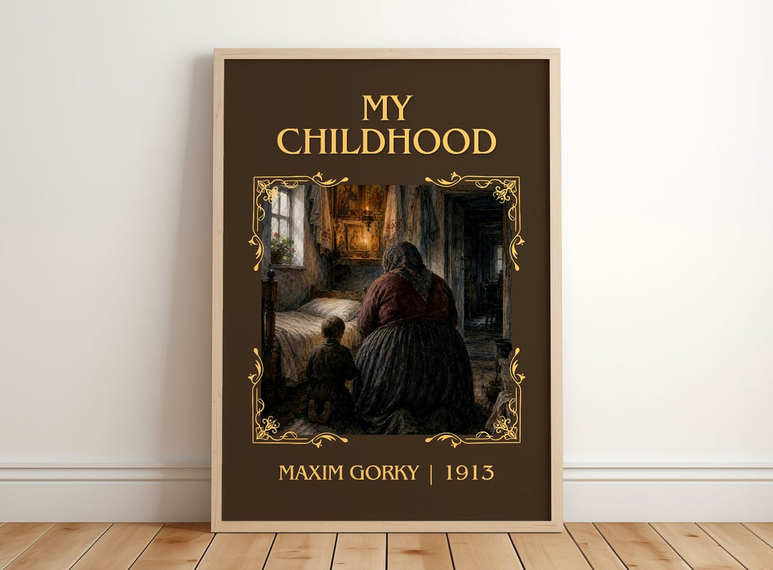 My Childhood Classic Book Art Print by Maxim Gorky – framed print leaning on a wooden floor