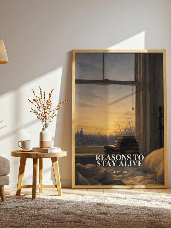 Reasons To Stay Alive watercolour print in frame leaning in hallway – memoir wall art