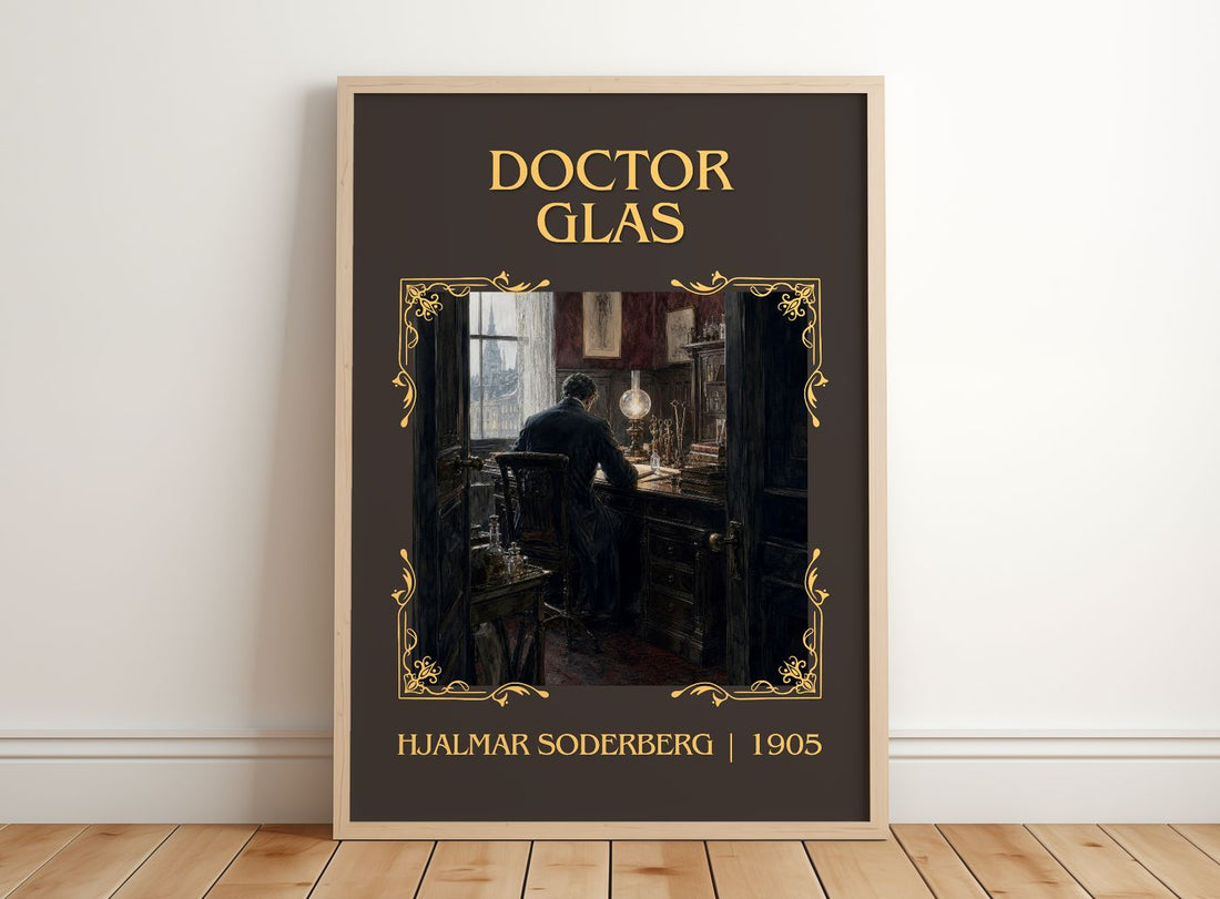 Doctor Glas Classic Book Art Print by Hjalmar Soderberg – framed print leaning on a wooden floor