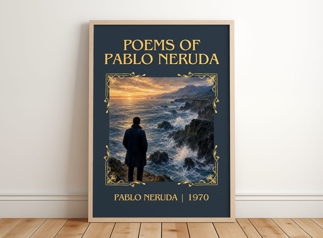 Poems of Pablo Neruda Classic Book Art Print by Pablo Neruda – framed print leaning on a wooden floor