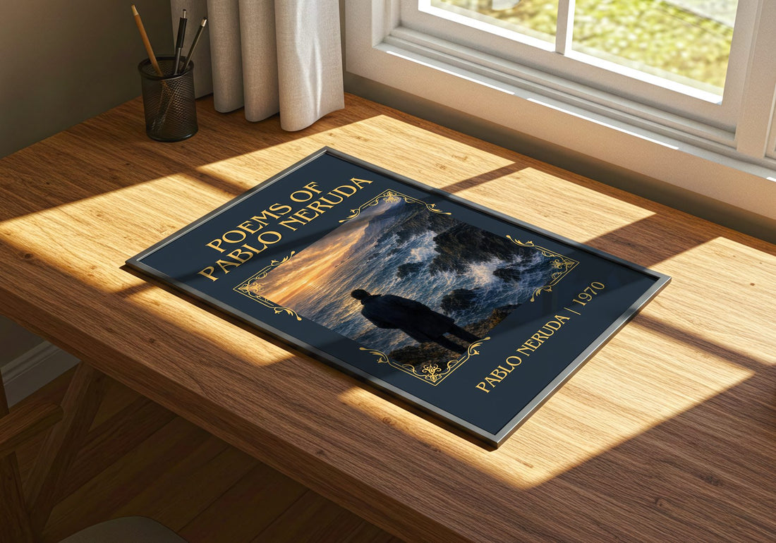 Poems of Pablo Neruda Classic Book Art Print by Pablo Neruda – print on a sunlit desk