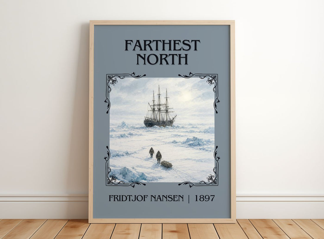 Farthest North Classic Book Art Print by Fridtjof Nansen – framed print leaning on a wooden floor