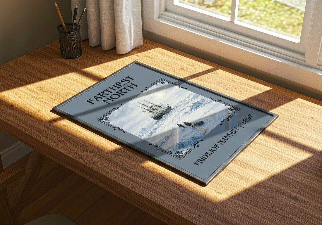 Farthest North Classic Book Art Print by Fridtjof Nansen – print on a sunlit desk