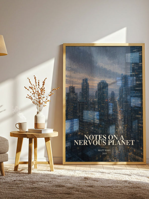 Notes On A Nervous Planet watercolour print in frame leaning in hallway – non fiction wall art