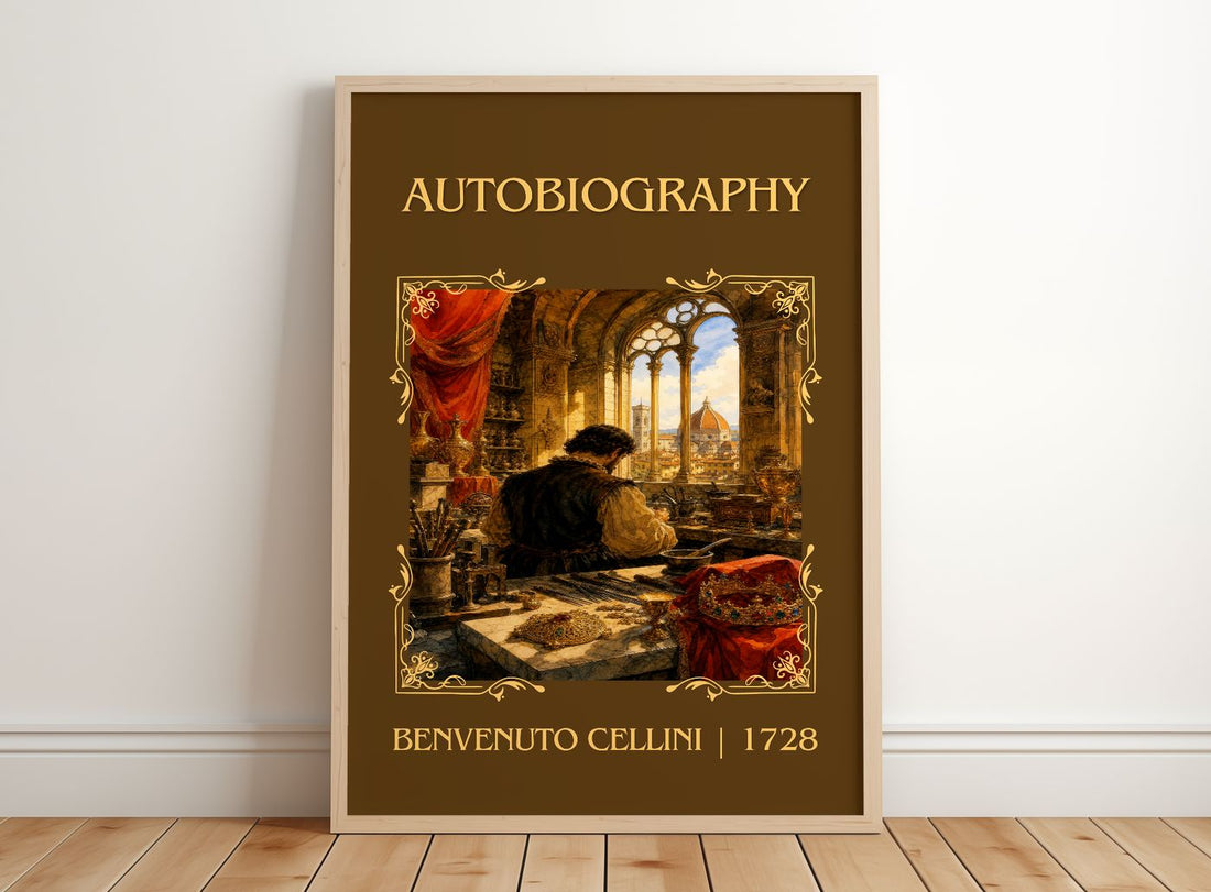Autobiography Classic Book Art Print by Benvenuto Cellini – framed print leaning on a wooden floor