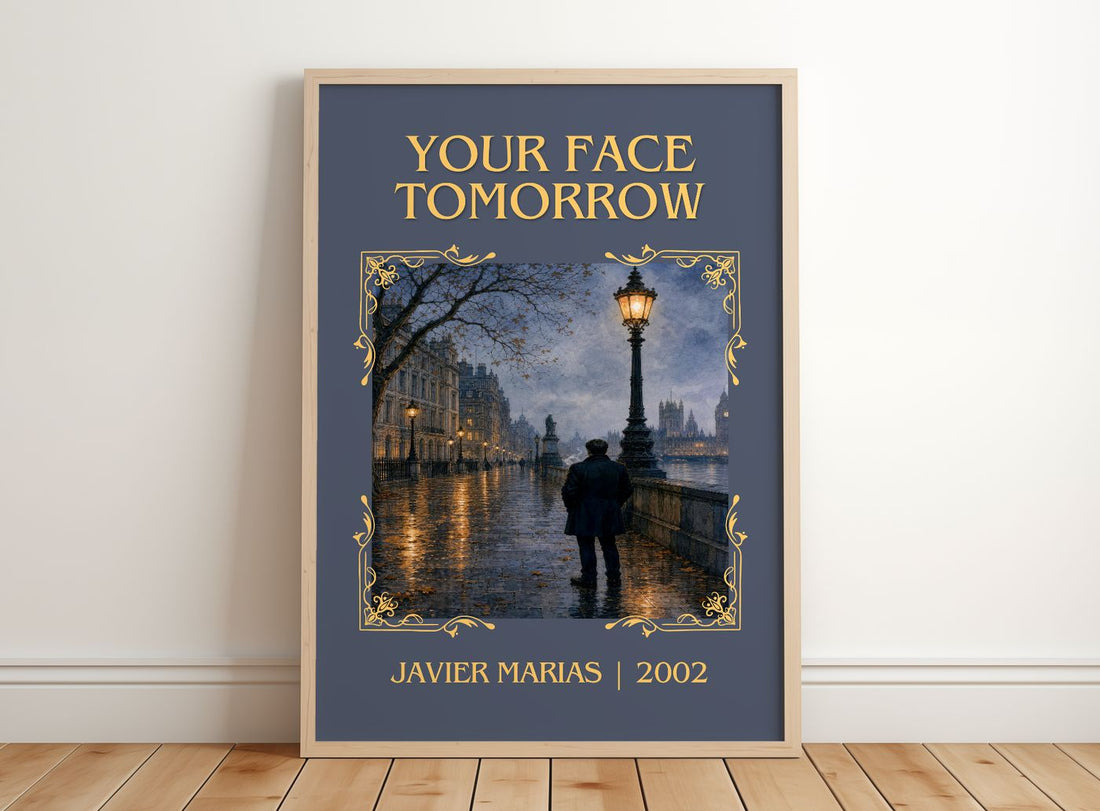 Your Face Tomorrow Classic Book Art Print by Javier Marias – framed print leaning on a wooden floor