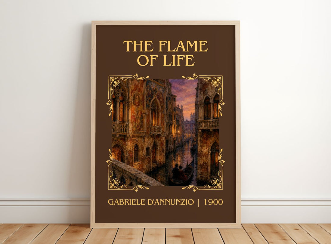 The Flame Of Life Classic Book Art Print by Gabriele D'Annunzio – framed print leaning on a wooden floor