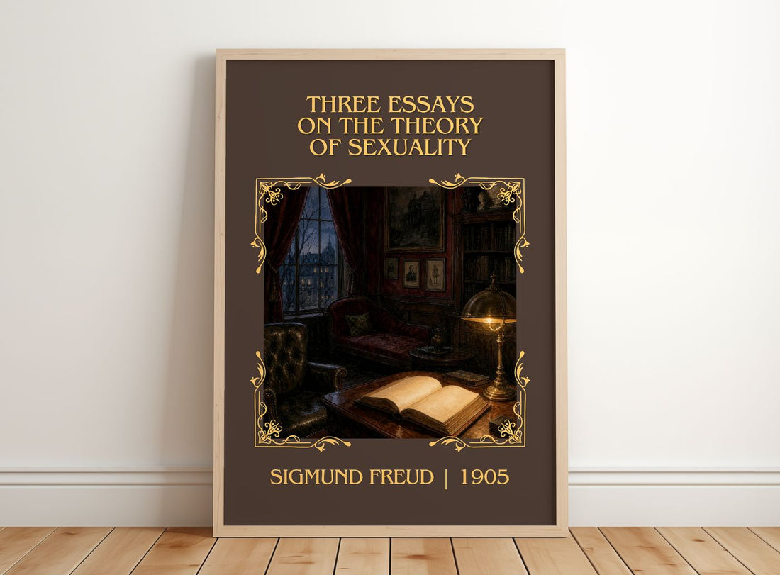 Three Essays on the Theory of Sexuality Classic Book Art Print by Sigmund Freud – framed print leaning on a wooden floor