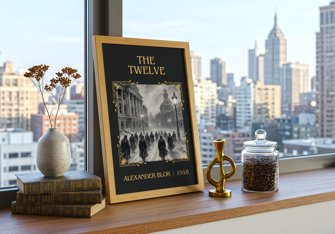 The Twelve Classic Book Art Print by Alexander Blok – framed print on a city-view windowsill