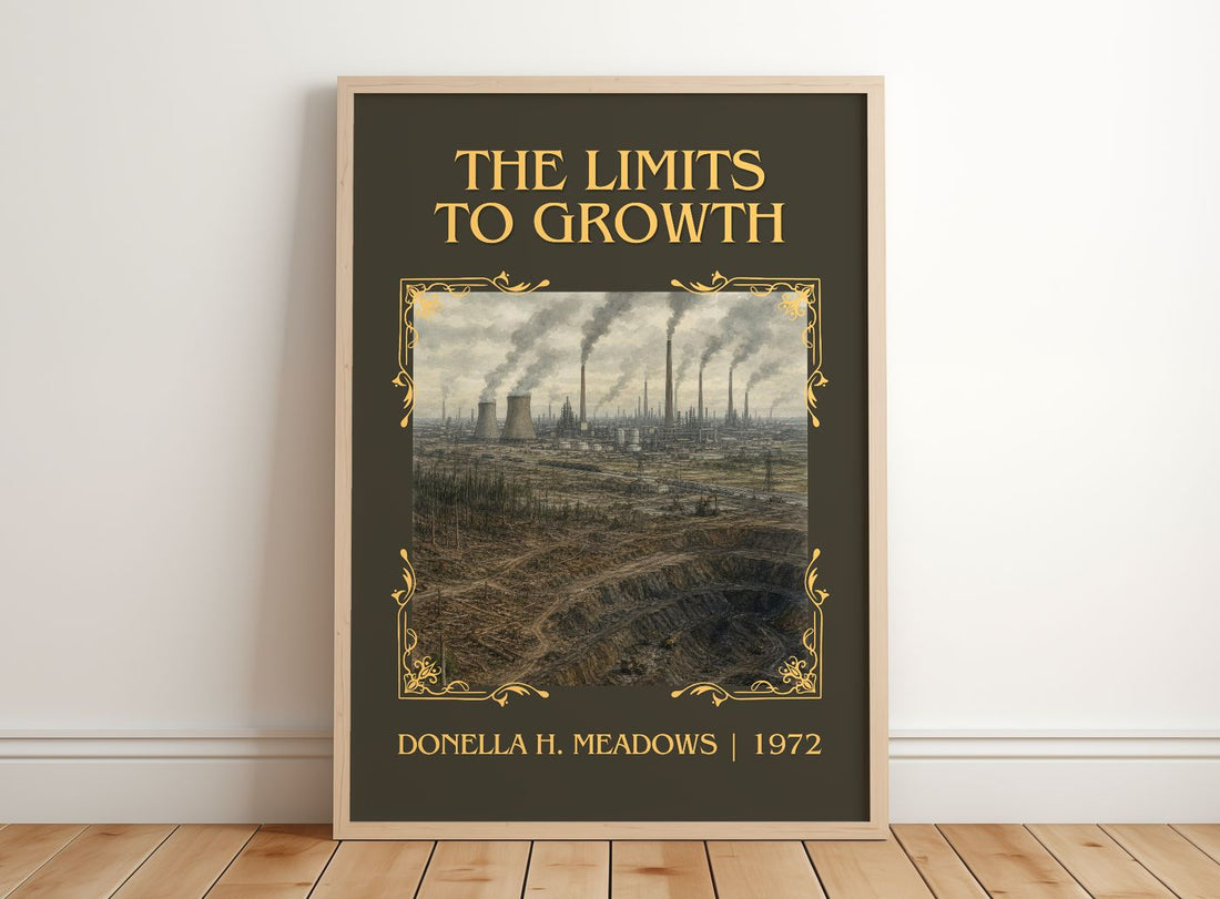 The Limits To Growth Classic Book Art Print by Donella H. Meadows – framed print leaning on a wooden floor